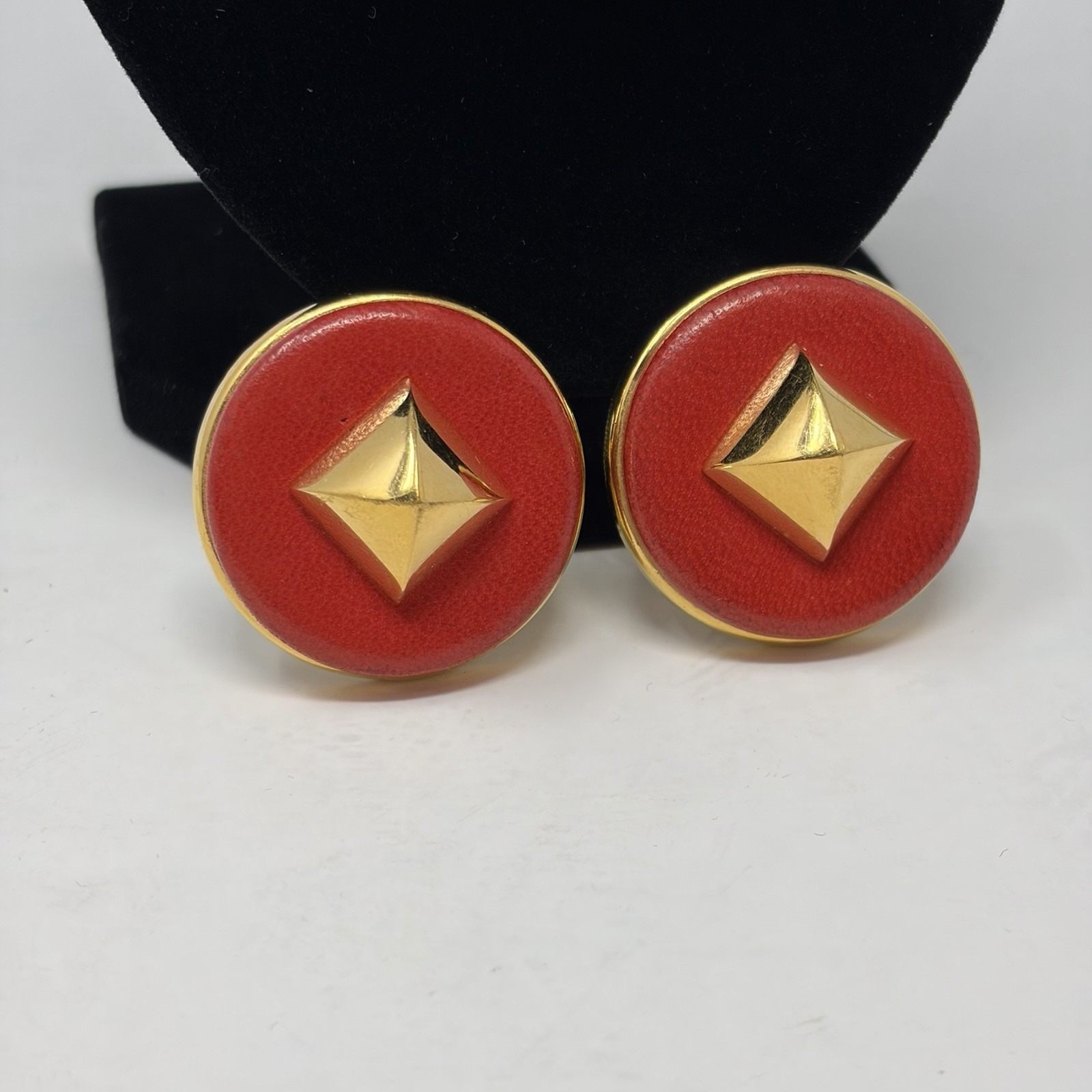 Herms Mdor Clip On Earrings Gold Tone Red Leather